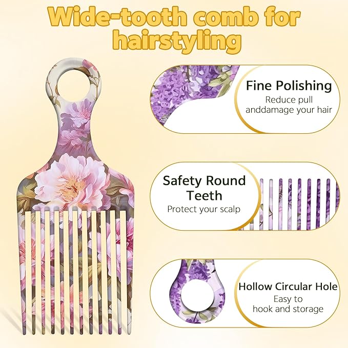 2 Pcs Afro Pick Comb for Natural Curly Hair,Portable Styling Hair Pick for Travel,Anti-Static,Cute Afro Comb for Women Men and Girls(Purple-T6)