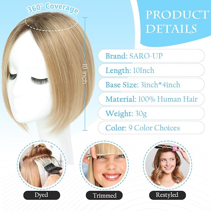 SARO-UP Human Hair Toppers for Women Real Human Hair pieces for Women with Thinning Hair pieces 7 * 10cm Hand-Tied Swiss Base Topper No Bangs 30g Hairpieces 10Inch (4T10/16#)
