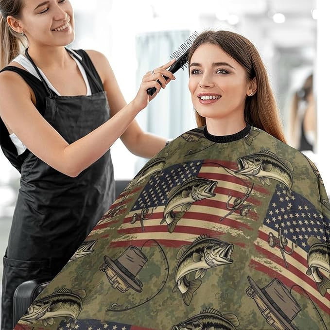 Extra Long Hair Styling Cape, Professional Hair Cutting Apron Hunting Camo Bass Fishing Camouflage American Flag Shampoo Cutting Household Capes Wrap for Hair Cutting Styling