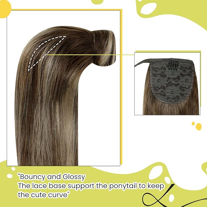 RUNATURE Ponytail Extension Human Hair, Balayage Human Hair Ponytail, Real Hair Ponytail Extension with Magic Paste, Easy to Install, 14 Inch 70g #4/27/4 Medium Brown to Honey Blonde Highlights
