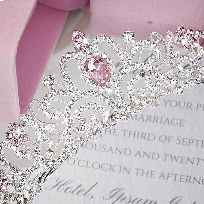 Didder Elegant Silver Tiara with Pink Crystals - Women's Birthday & Wedding Crown