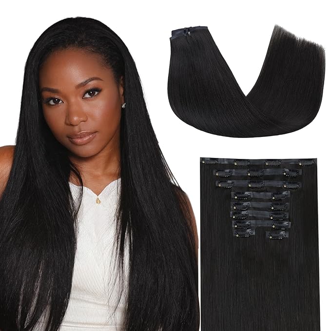 Lashey Seamless Clip in Hair Extensions Human Hair 130g 18 Inch 9pcs #1 Jet Black Light Yaki Straight Full Pack Clip in Hair Extensions for Women