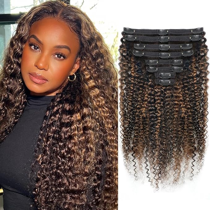 FB30 Highlight Ombre Curly Clip In Extension Human Hair 3C 4A Kinky Curly Clip Ins Full Head for Black Women Brazilian Remy Human Hair Balayage Brown 8Pcs with18clips 120g/Set (18 inch)