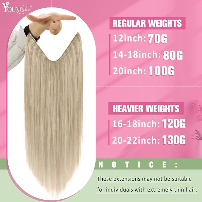 YoungSee Invisible Wire Hair Extensions Blonde Highlight Hair Extensions Wire Ash Blonde Highlights Bleach Blond One Piece Hair Extensions Real Human Hair Thick Remy Hair 20In 100g