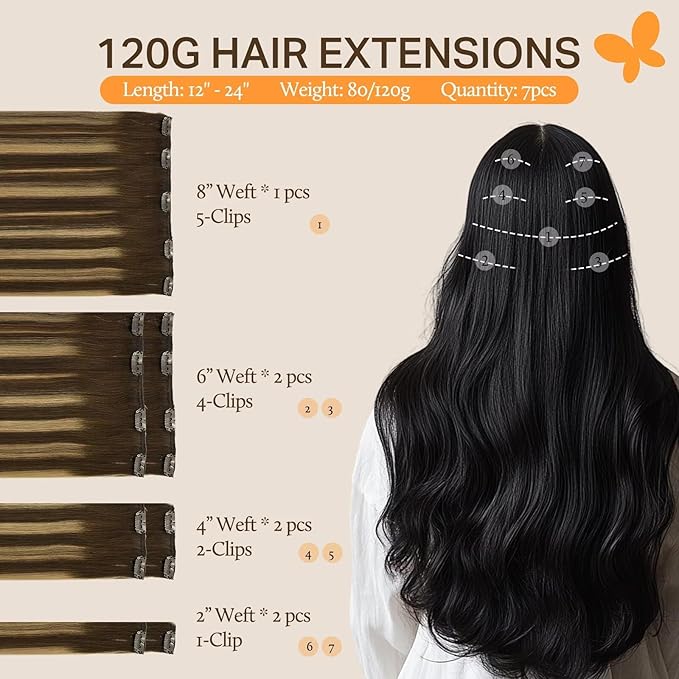 DOORES Hair Extensions Clip in Chocolate Brown to Caramel Blonde Balayage Remy Clip in Human Hair Extensions Natural Weft 120g 7pcs 18 Inch