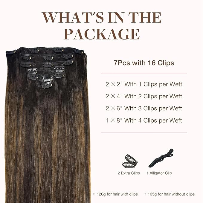 GOO GOO Clip in Hair Extensions Real Human Hair, Remy Human Hair Extensions Clip ins for Women, Natural Human Hair, 20inch 120g 7Pcs, 2/6/2 Balayage Dark Brown to Chestnut Brown