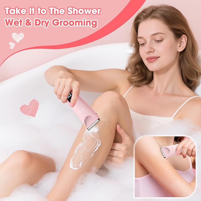 Bikini Trimmer for Women, Painless Pubic Hair Trimmer for Armpit Leg Arm Body Private Area,Rechargeable Womens Electric Razors Shaver LED Light Ceramic Blade IPX7 Waterproof Wet/Dry LCD Display,Pink