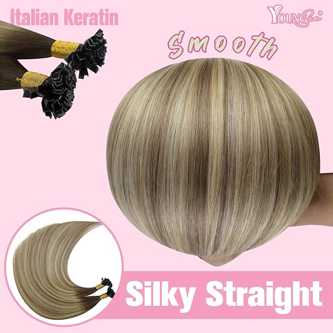 YoungSee K Tip Hair Extensions Balayage Keratin Tip Hair Extensions Balayage 24 Inch Long Dark Brown Ombre Brown with Blonde 50s/50g