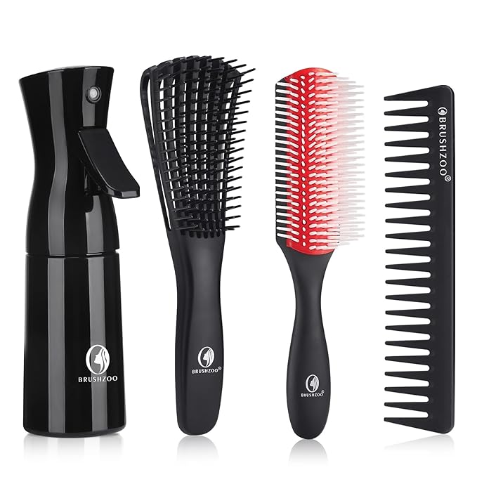 Hair Brush Set, Detangler Brush for Natural 3/4abc Curly Hair, Hair Brushes for Women Men Kids Detangling Styling with Spray Bottle