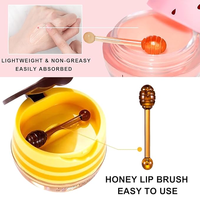 3Pcs Lip Balm Honey Pot with Stick, Honey Strawberry Apple Moisturizing and Hydrating Sleeping Lip Mask, Day and Night Repair and Care, Improve Lip Color, Reduce Lip Lines (SET C)