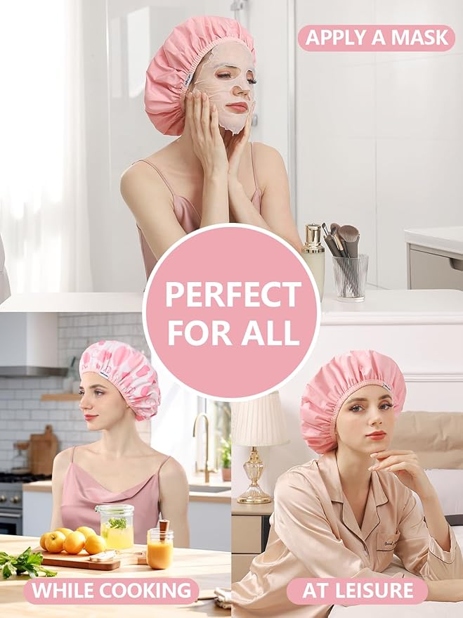 Years Calm Shower Caps For Women Reusable Waterproof，Pattern And Solid Color Dual-Layer Design For Dual-Layer Usable，Protects Hair In Shower, Spa, Cooking, Clean & Travel (Pink, Extra Large)