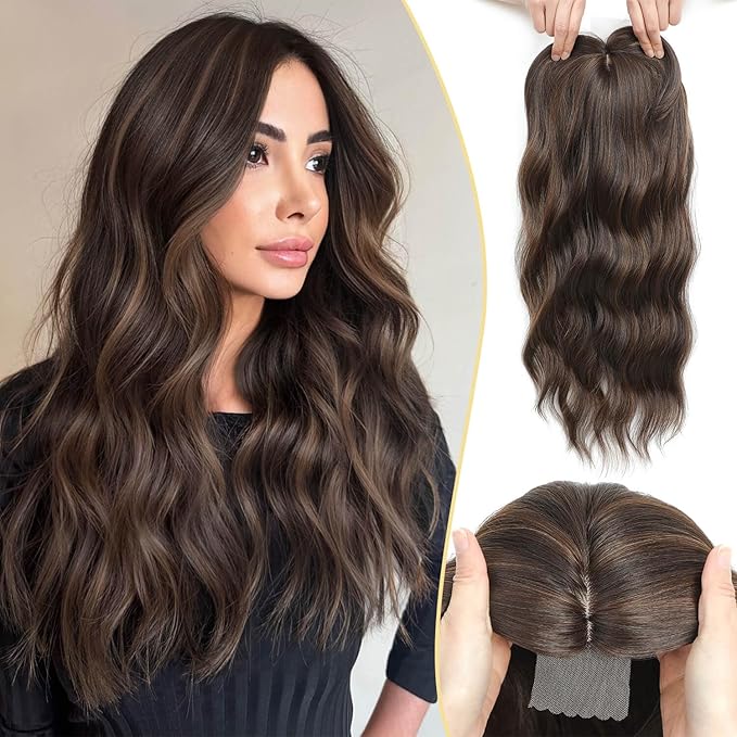 MORICHY Hair Toppers for Women Clip in Hair Topper with Bangs 20inch Medium Brown with Highlights Long Wavy Curly Synthetic HairPieces for Women