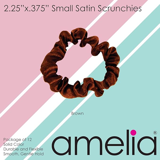 Amelia Beauty, Brown Satin Small Scrunchies, 12-Pack – No Damage Hair Ties for Women, Gentle & Durable Hair Accessories, 2.5in x 0.5in