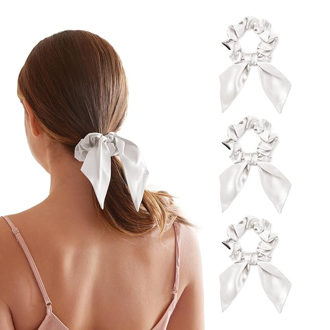 THXSILK 100% Mulberry Silk Bow Scrunchies 3-Pack, 22 Momme Mulberry Silk Hair Ties for Women, Cute Bunny Ear No Damage Ponytail Holders, Fashion Hair Accessories for Girls(M, Pearl White)