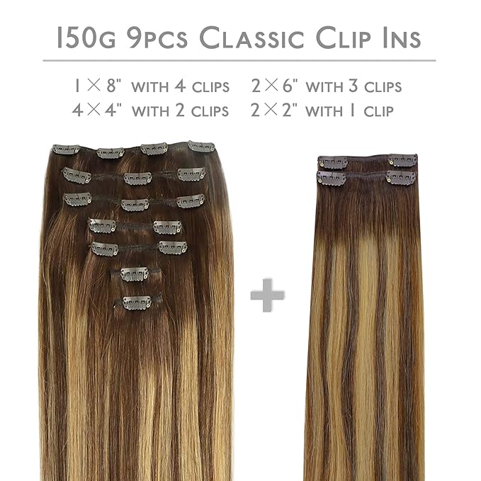 WENNALIFE Clip in Hair Extensions, 150g 24 Inch 9pcs Balayage Chocolate Brown to Caramel Blonde Remy Hair Thicker Double Weft Extensiones De Cabello Humano Con Clip Ins Straight Full Volume