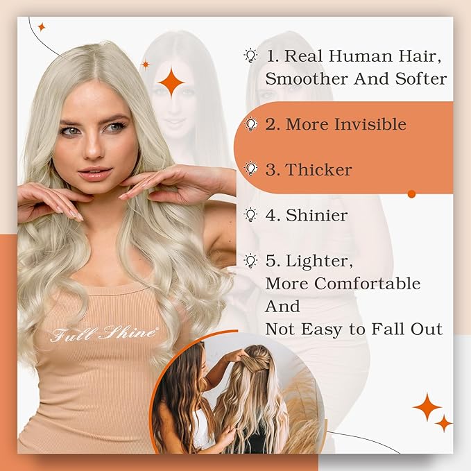Full Shine Blonde Tape in Hair Extensions 16 Inch Tape in Human Hair Extensions Color 613 Blonde Seamless PU Tapes in Extensions 50 Grams 20 Pieces Skin Weft Hair Invisible Remy Hair