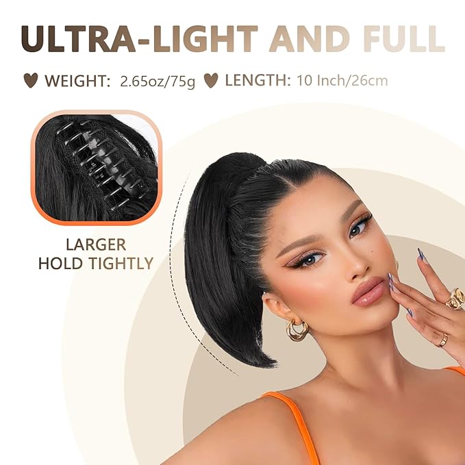 10 Inch Short Ponytail Extension - Soft Straight Pony Tails Hair Extensions, Claw Clip Ponytail Extension, Natural Short Hair Extensions Ponytail, Synthetic Hair Pieces for Women (Color: Black Brown)