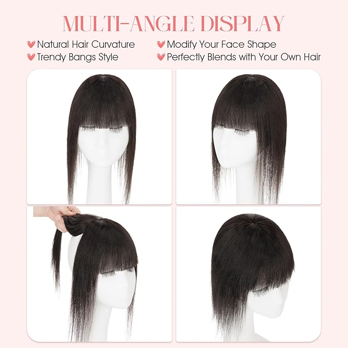 Hairro Mono Hair Toppers with Bangs, 3.4" x 3.4" Mono Base 100% Real Human Hairpieces for Women, 150% Density Clips In Topper for Greyish Thinning Hair, 6 Inch Natural Black