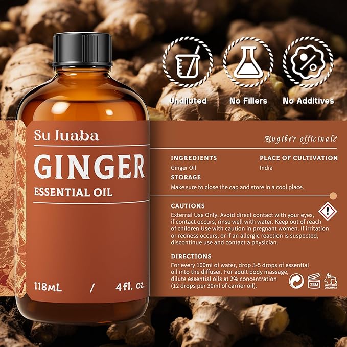 SU JUABA Ginger Oil 4 Fl Oz, 100% Pure Natural for Massage, Diffuser, Aromatherapy, Hair & Skin Care - 118ML