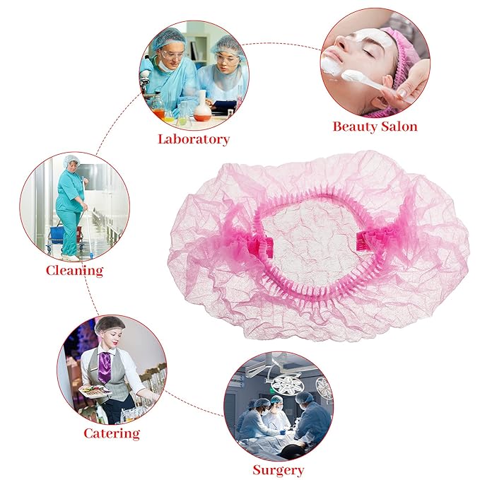 Geyoga 200 Pcs Disposable Nonwoven Bouffant Caps 21 Inch Hair Net Elastic Cap Hair Cover Hats for Beauty Salon Hospital Spa Catering Dust-free Workspace (Pink,Black)