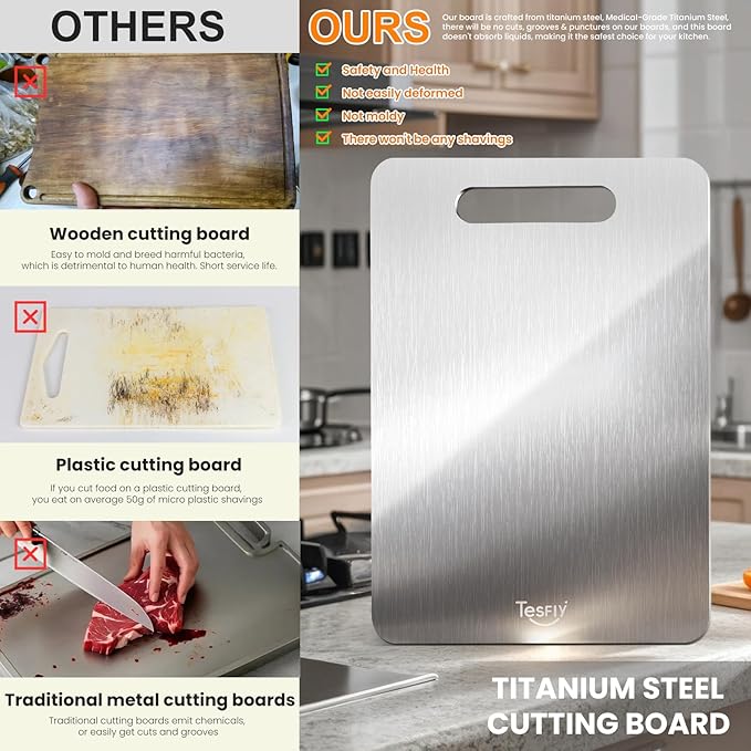2 Pack Titanium Cutting Board - 100% Pure Titanium Cutting Boards For Kitchen,Easy to clean, Double-sided food-grade Cutting Board For Cutting Meats, Fruits And Vegetables(13 * 9)