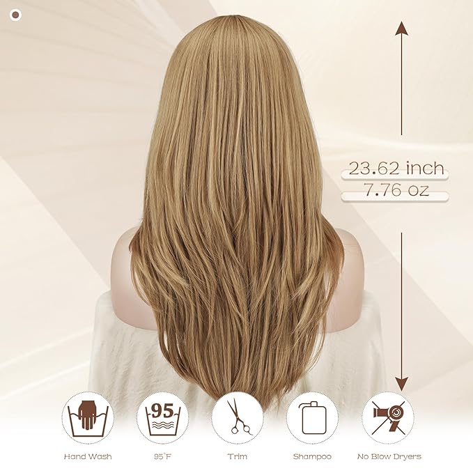SOFEIYAN Long Straight Layered Wig with Bangs 24 Inch Synthetic Natural Hair Wig Soft Heat Resistant Long Wigs for Women Daily Party Use