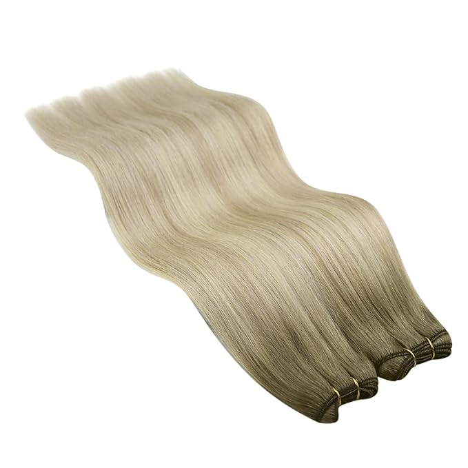 YoungSee Weft Hair Extensions Ombre Blonde Human Hair Extension Sew in Ash Blonde Roots to Platinum Blond Balayage Sew in Hair Extensions Real Human Hair for Women 16Inch 100G