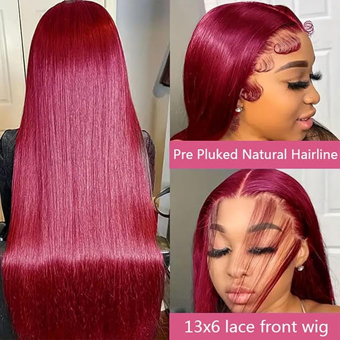 Burgundy Wig Human Hair 24inch 13x6 HD Transparent Lace Straight 99J Red Human Hair Wig Colored Reddish Brown Lace Frontal Wigs 180% Density Pre Plucked