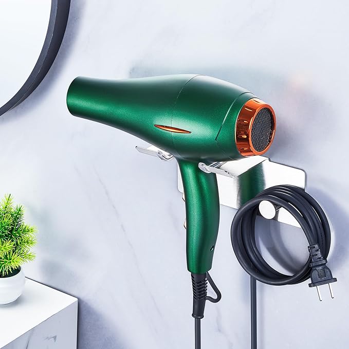 Hair Dryer Holder Wall Mount, Blow Dryer Holder for Wall, Adhesive Hairdryer Holders, Stainless Steel Blowdryer Holders Bathroom Hair Tool Organizer Hair Dryer Hanger Hook with Cord Storage (Silver)