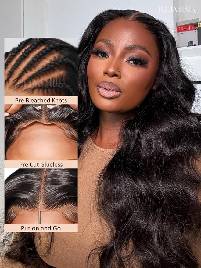 Julia Hair Body Wave Glueless 13x4 Lace Front Wigs Human Hair 12A Pre Cut Lace Frontal Wig Pre Bleached Bye Bye Knots Pre Everything Put on and Go 180% Density Fast Wear Wigs Natural Color 24 Inch