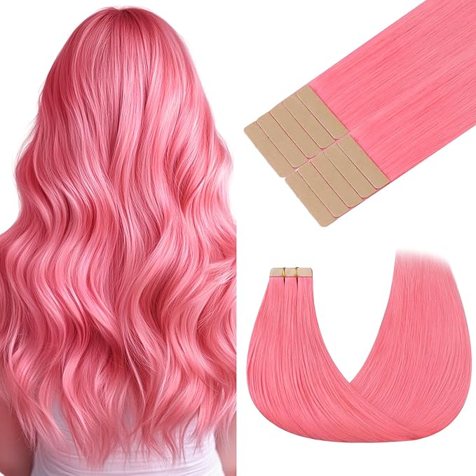 GOO GOO Tape in Hair Extensions Human Hair, Light Pink, 10inch 20g 10pcs, Colored Tape ins Human Hair Extensions, Silky&Soft Invisible Tape Ins, Hair Highlighted for Party
