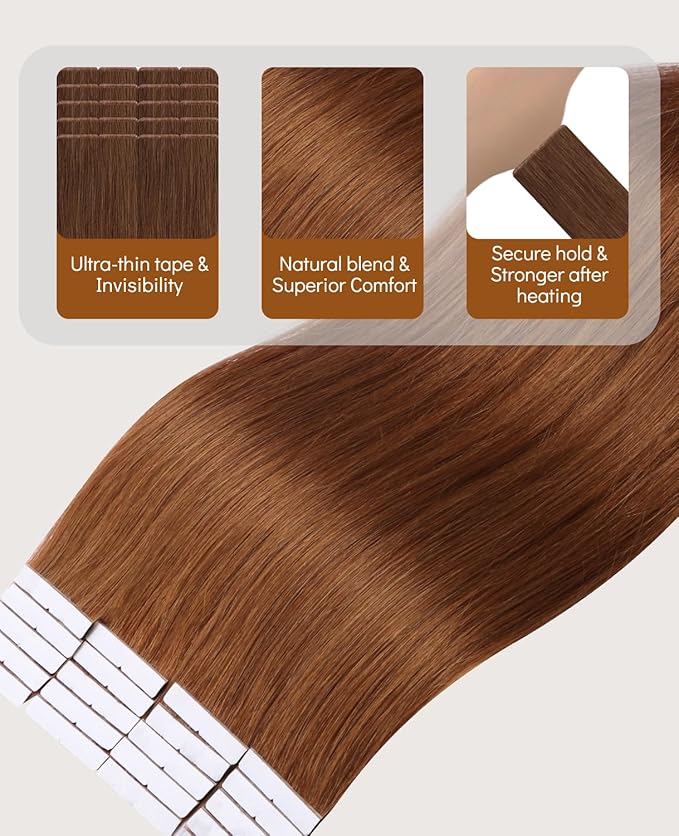 VINBAO Invisi Edge Tape in Hair Extensions Auburn Ginger 55g 20in 20pcs Injection Tape in Extensions Human Hair Seamless Injected Tape 20inch #33