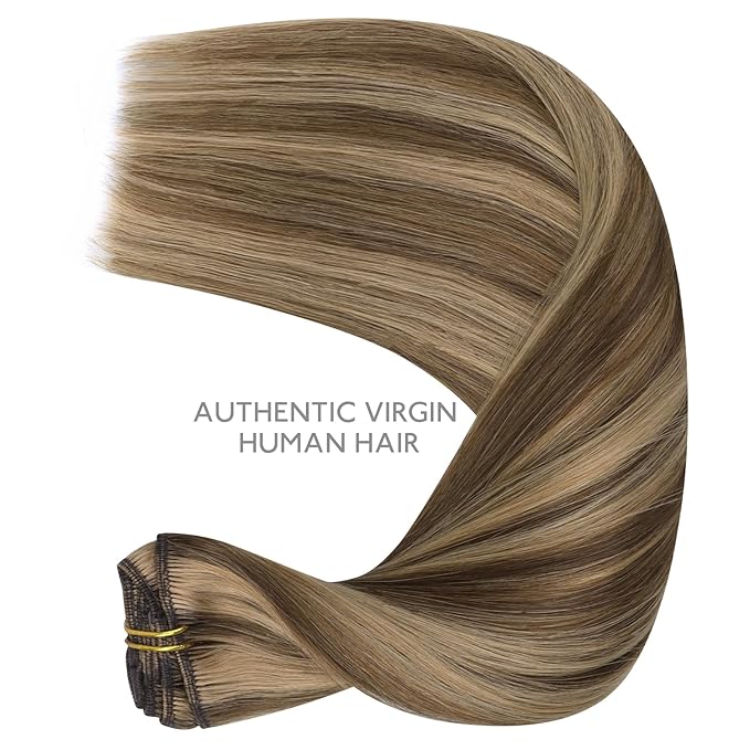 WENNALIFE Clip in Hair Extensions Real Human Hair, 16 Inch 120g 7pcs Remy Hair, Balayage Chocolate Brown to Caramel Blonde Hair Extensions Clip In Real Hair Coloured