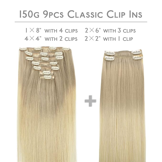 WENNALIFE Clip in Hair Extensions, 150g 16 Inch 9pcs Ash Blonde to Golden Blonde and Platinum Blonde Human Hair Extensions Thicker Clip in Hair Extensions Real Human Hair Clip Set Double Weft