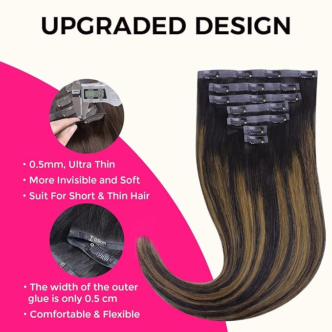 Lashey Seamless Clip in Hair Extensions Human Hair Straight 7Pcs 110g 16inch Natural Black Mixed Chestnut Brown Soft Flat PU Weft Clip ins Real Human Hair for Women
