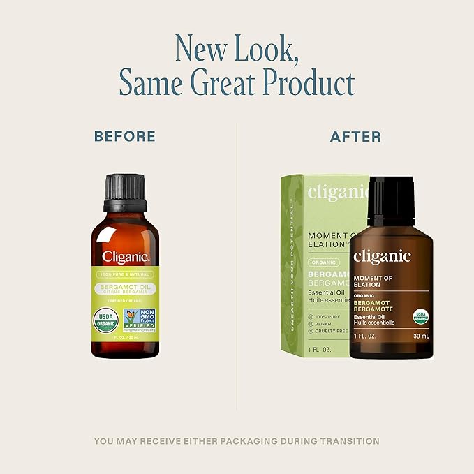 Cliganic Organic Bergamot Essential Oil, 100% Pure Natural for Aromatherapy | Non-GMO Verified (Packaging May Vary)