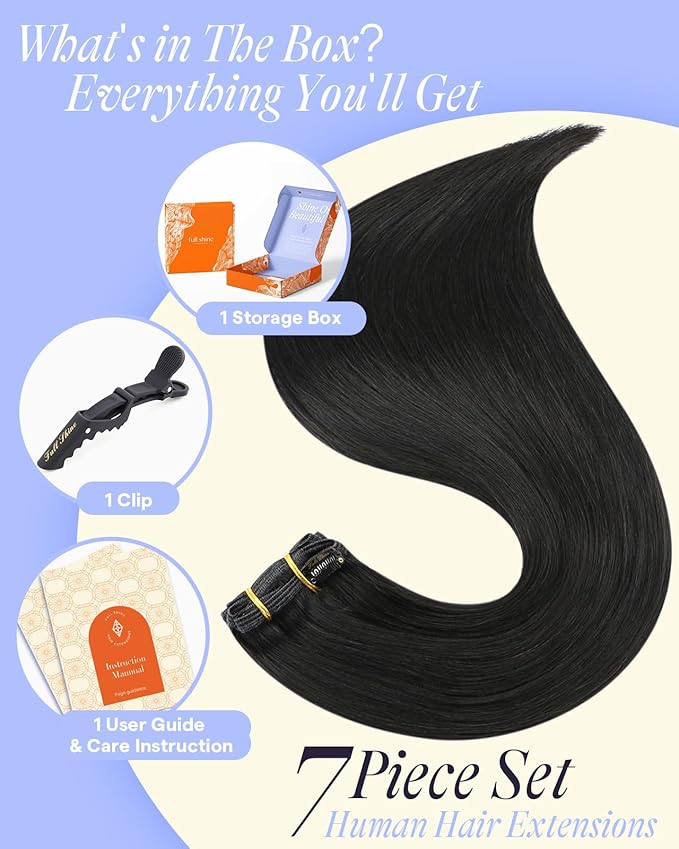 Full Shine Clip in Black Hair Extensions Black Human Hair Clip in Extensions for Concert for Volume 135 G 16 Inch 7 Pcs
