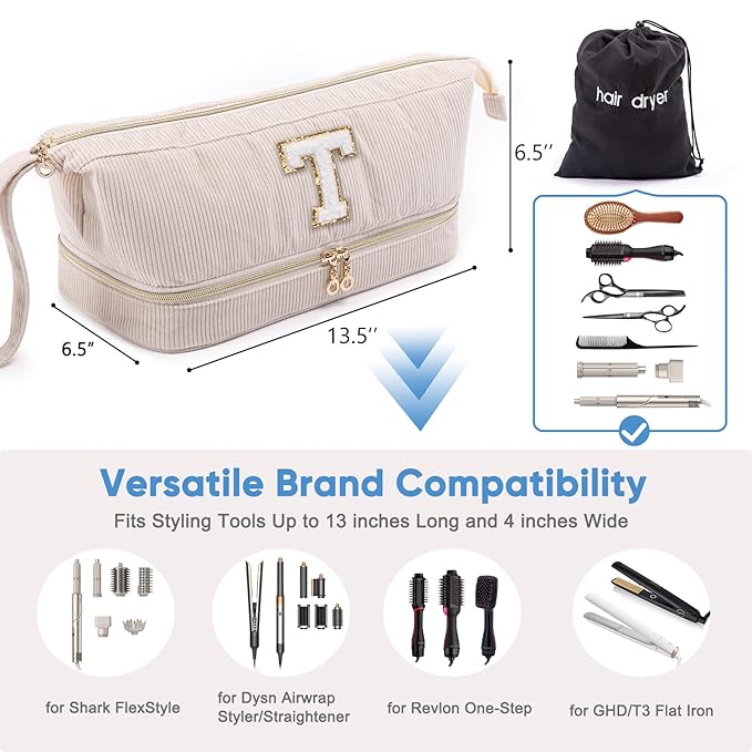 Initial Personalized Hair Dryer Case,Double-Layer Hair Tools Travel Carrying Case for Shark FlexStyle/SmoothStyle with Hair Dryer Bag - Hair Air Wrap Dryer Case Flat Curling Iron Travel Organizer