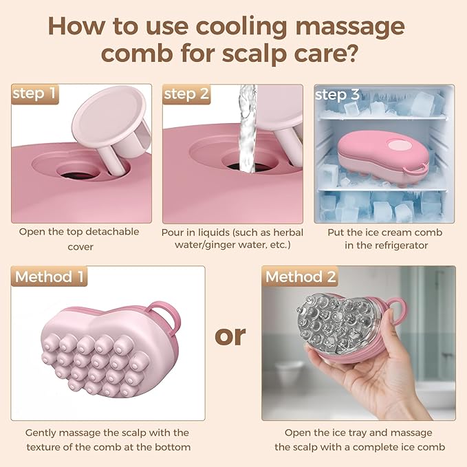 Ice Compress Scalp Massager Hair Growth Massage Comb - Upgraded Raised Dot Ice Tray Design for Tension Headache Relief and Scalp Care (Pink)