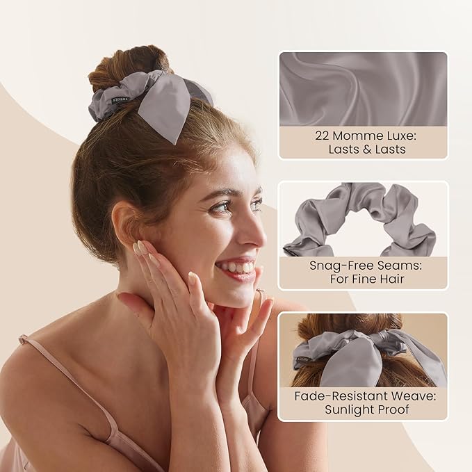 THXSILK 100% Mulberry Silk Bow Scrunchies 3-Pack, 22 Momme Mulberry Silk Hair Ties for Women, Cute Bunny Ear No Damage Ponytail Holders, Fashion Hair Accessories for Girls(M, Grey)