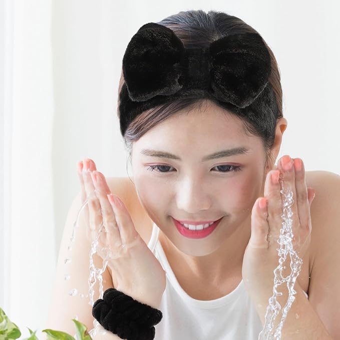 Water Absorbent Makeup Headbands and Wristbands Soft Wide Spa Hairbands for Women Non-slip Comfortable Face Cleaning and Bath Accessories Black Hair Wrap Kit