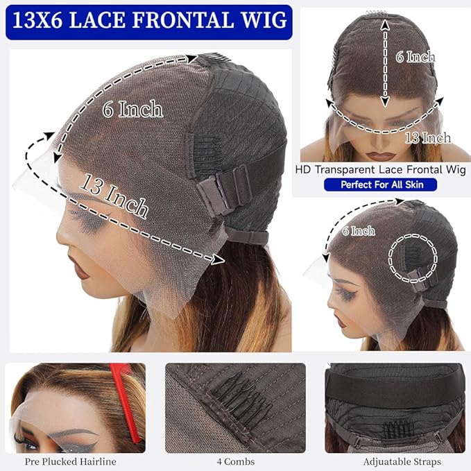 32 Inch Ombre Lace Front Wig Human Hair 13x6 HD Lace Frontal Straight Wigs Human Hair Pre Plucked 200 Density 4/27 Brown Highlight Wigs Colored Longer Life No Tangle No Shedding