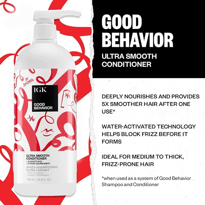 IGK GOOD BEHAVIOR Ultra Smooth Shampoo and Conditioner Set | Frizz Control + Hydrates + Shine | Vegan + Cruelty Free | 33.8 Oz