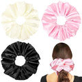 9.5 inch Silk Scrunchies - Jumbo & Giant Satin Scrunchies - Thick Elastic Fluffy Hair Ties for Women & Girls - 3 Pack (Black, Pink, Ivory)
