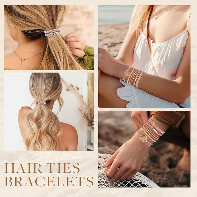 10 PCS Boho Hair Ties - No-Damage, Stretch Bracelets for Thick & Thin Hair, 5 Styles, Pink