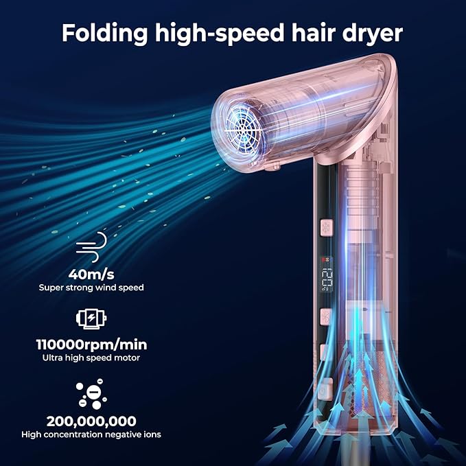 8-in-1 Hair Dryer Brush & Hot Air Styler, 110,000 RPM Blow Dryer Brush Foldable LCD Display, 4 Heat Settings Auto Curler Fast Drying Curling Straightening for Salon & Travel (Pink)