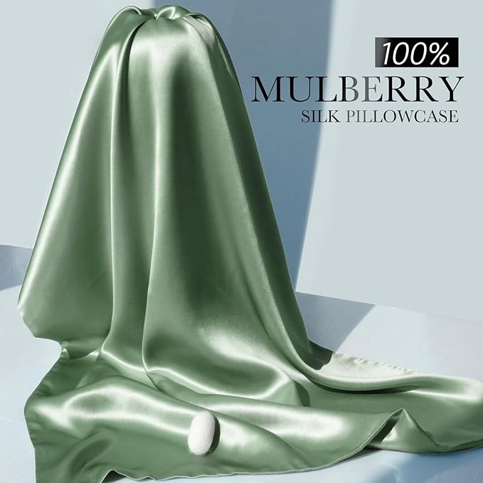 100% Mulberry Silk Pillowcase for Hair and Skin, 22 Momme Pure Natural Silk Pillow Case Both Sided with Zipper, Pillow Cover for Women Mom Men (Matcha, Standard 20''×26'', 1 Pack)