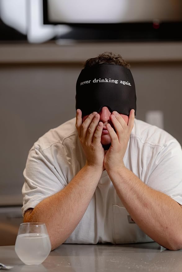 Huggs Migraine Relief Cap - Never Drinking Again - Cooling Gel Head Wrap, Cold Compress Cap for Headache, Stress, & Tension