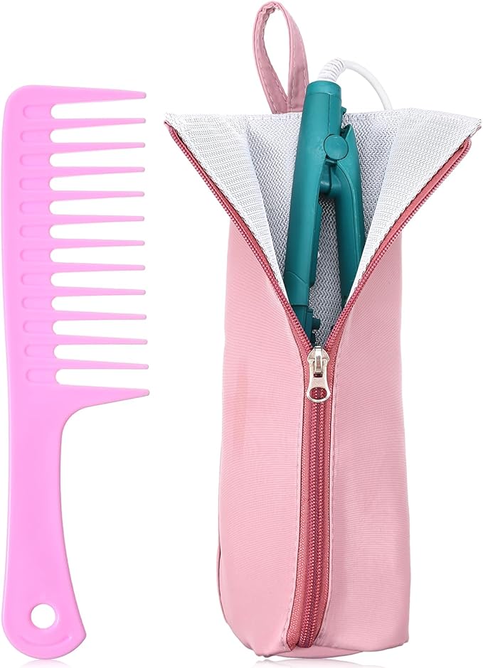 Hot Iron Holder Mat with Comb Hair Tool Organizer Heat Resistant Bag Hanging Curling Iron Flat Holder with Zip Hair Straightener Mat Pouch Portable Hot Hairs Tool Travel Bag for Curling Flat Irons