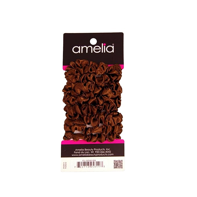 Amelia Beauty, Brown Satin Small Scrunchies, 12-Pack – No Damage Hair Ties for Women, Gentle & Durable Hair Accessories, 2.5in x 0.5in